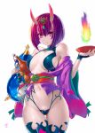  1girl bangs bob_cut breasts cup eyebrows_visible_through_hair fate/grand_order fate_(series) horns looking_at_viewer medium_breasts murasaki_nyaa navel oni oni_horns pale_skin pink_eyes purple_hair revision sakazuki short_hair shuten_douji_(fate) simple_background skin-covered_horns solo standing thighhighs white_background 
