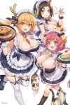  3girls animal apron artist_name bangs bell black_hair blonde_hair blue_eyes blunt_bangs blush breasts cat choker cleavage closed_mouth commentary_request detached_collar dragon_girl dragon_horns dress eating elbow_gloves elma_(maidragon) eyebrows_visible_through_hair fang food food_on_face fork frilled_choker frilled_dress frilled_gloves frilled_shirt frilled_skirt frills gloves hair_between_eyes highres holding holding_food holding_plate holding_spoon holding_tray horns huge_breasts ilulu_(maidragon) ketchup kneehighs kobayashi-san_chi_no_maidragon large_breasts long_hair maid maid_apron maid_headdress multiple_girls neck_bell neck_ribbon omurice open_mouth orange_eyes pink_eyes pink_hair plate pudding ribbon shirt short_hair sidelocks simple_background skirt slit_pupils smile spoon standing standing_on_one_leg strawberry_shortcake thighhighs tohru_(maidragon) tomogy tray twintails v very_long_hair white_background white_legwear wrist_cuffs 