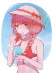  100_percent_orange_juice 1girl artist_request bikini bow braid breasts brown_eyes brown_hair collarbone eating eyebrows_visible_through_hair flying_red_barrel hat hat_bow highres marc_(red_barrel) medium_hair midriff navel open_mouth red_bikini red_bow shaved_ice small_breasts spoon stomach straw_hat swimsuit twin_braids upper_body 