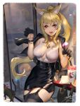  1girl animal_ears artist_name ayanami_(azur_lane) azur_lane bag bell black_gloves black_jacket black_legwear black_skirt blonde_hair breasts brown_eyes cat choker eyebrows_visible_through_hair facial_mark facial_tattoo food gloves heart heart_tattoo highres itoucon jacket jacket_on_shoulders jewelry long_hair looking_at_viewer medium_breasts neck_bell necklace open_mouth paw_pose pencil_skirt ponytail skirt solo table tattoo thighhighs watch 