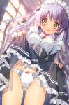  1girl :p ass_visible_through_thighs black_skirt blush bow bow_panties breasts brown_eyes clothes_lift daken-chan flashing highres indoors lifted_by_self long_hair maid maid_headdress original panties purple_hair ribbon shirt skirt skirt_lift smile solo thighs tongue tongue_out twintails underwear white_panties white_shirt window 