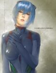  1girl albino ayanami_rei black_bodysuit blue_hair bodysuit breasts commentary evangelion:_3.0_you_can_(not)_redo expressionless hair_between_eyes hand_on_own_chest hand_up head_tilt headgear looking_at_viewer medium_breasts neon_genesis_evangelion parted_lips plugsuit rebuild_of_evangelion red_eyes solo translated upper_body upper_teeth watanabe_yasuaki 