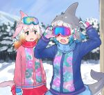  2girls blowhole blue_hair blue_jacket blue_neckwear blue_skirt blush chinese_white_dolphin_(kemono_friends) common_bottlenose_dolphin_(kemono_friends) dorsal_fin gloves goggles goggles_on_head grey_hair highres jacket kemono_friends kemono_friends_3 long_sleeves matching_outfit multicolored_hair multiple_girls official_alternate_costume orange_hair pink_hair pink_jacket pleated_skirt red_neckwear red_skirt rumenia_(ao2is) scarf short_twintails skirt twintails white_hair winter_clothes 