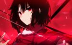  1girl bangs black_hair closed_mouth fur_jacket hair_between_eyes jacket kara_no_kyoukai okakasushi portrait red_background red_eyes red_jacket ryougi_shiki short_hair solo 