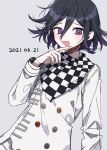  1boy :d bangs black_hair buttons checkered danganronpa_(series) danganronpa_v3:_killing_harmony dated double-breasted grey_jacket hair_between_eyes hand_up highres jacket long_sleeves male_focus open_mouth ouma_kokichi patzzi purple_eyes purple_hair simple_background sketch smile solo upper_body 