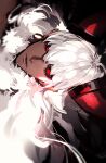  1boy asterios_(fate) bangs black_sclera colored_sclera dark dark-skinned_male dark_skin expressionless fate/grand_order fate_(series) fluffy highres horns koshika_rina lips long_hair looking_at_viewer male_focus parted_lips red_eyes red_horns solo upper_body white_hair 