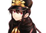  1boy bangs black_cloak black_hair black_headwear cloak closed_mouth family_crest fate/grand_order fate_(series) hair_between_eyes hat jacket long_hair looking_at_viewer low_ponytail male_focus oda_nobukatsu_(fate) oda_uri peaked_cap ponytail red_eyes red_jacket sidelocks simple_background solo tachitsu_teto upper_body v-shaped_eyebrows white_background 