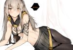  ... 1girl bangs black_legwear blush bra brown_eyes detached_collar ekuesu eyebrows_visible_through_hair girls&#039;_frontline grey_hair hair_between_eyes hair_ornament long_hair looking_at_viewer lying midriff miniskirt navel on_side one_side_up pantyhose scar scar_across_eye scar_on_face skirt speech_bubble strap tattoo ump45_(girls&#039;_frontline) underwear 