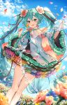  1girl aqua_eyes aqua_flower aqua_ribbon aqua_rose armpit_peek bangs bare_legs blue_hair blue_sky blurry blurry_background braid brooch cable capelet cloud cloudy_sky commentary day depth_of_field detached_sleeves dot_nose dress dress_flower dutch_angle eyebrows_visible_through_hair feet_out_of_frame field flower flower_field flower_request glint gradient gradient_hair grass green_flower green_rose grey_flower grey_rose hair_between_eyes hair_flower hair_ornament hands_up hatsune_miku highres holding holding_flower holding_watering_can jewelry kyashii_(a3yu9mi) legs_together light_blush light_particles long_hair looking_at_viewer low-tied_long_hair low_twin_braids magical_mirai_(vocaloid) motion_blur multicolored_hair neck_ribbon open_mouth orange_flower orange_rose outdoors petals pink_flower pleated_dress purple_flower purple_hair purple_rose ribbon rose shiny shiny_hair short_dress sky smile solo striped striped_ribbon tree tsurime twin_braids twintails very_long_hair vocaloid water water_drop watering_can white_flower wide_sleeves yellow_flower 