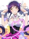  1girl absurdres blush breasts cleavage corset cowboy_shot detached_collar green_eyes highres huge_filesize lace-trimmed_collar lace_trim large_breasts long_hair looking_at_viewer love_live! proton06 purple_hair purple_ribbon ribbon scrunchie smile solo toujou_nozomi twintails very_long_hair wrist_scrunchie 