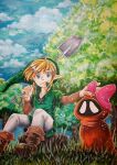  1boy 1girl blonde_hair blue_eyes blue_sky boots bow green_headwear hand_on_another&#039;s_head highres link lira_(deepseaxmas) marker_(medium) outdoors pink_bow pointy_ears rosa_(zelda) shovel sidelocks sitting sky smile subrosian the_legend_of_zelda the_legend_of_zelda:_oracle_of_seasons traditional_media tree white_eyes 