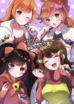  4girls 5-volt apron ashley_(warioware) black_hair brown_hair closed_eyes glasses hair_ornament heart heart_hair_ornament herunia_kokuoji highres joy-con mona_(warioware) multiple_girls one_eye_closed orange_hair penny_crygor polka_dot polka_dot_background skull smile twintails warioware 