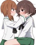  2girls akiyama_yukari bangs black_neckwear blouse brown_eyes brown_hair closed_mouth commentary eyebrows_visible_through_hair from_side frown girls_und_panzer green_skirt hands_on_another&#039;s_face highres long_sleeves messy_hair miniskirt miruzawa_akechi multiple_girls neckerchief nishizumi_miho ooarai_school_uniform pleated_skirt sailor_collar school_uniform serafuku short_hair simple_background sitting skirt sweatdrop v_arms white_background white_blouse white_sailor_collar yuri 