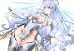  1girl absurdres blue_eyes breasts cameltoe cleavage counter_side covered_navel elbow_gloves elze_(s01047480836) gloves groin hair_ornament highres honeycomb_(pattern) horizon_(counter_side) long_hair open_mouth solo very_long_hair white_background white_hair 