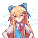  1girl blonde_hair blue_bow blue_dress bow brown_eyes cirno cirno_(cosplay) clenched_hands confused cosplay dress eyebrows_visible_through_hair fairy fairy_wings flat_chest hair_bow hands_on_hips long_hair looking_up math nijisanji nijisanji_en one_eye_closed pointy_ears pomu_rainpuff smile solo touhou very_long_hair wings yuno_(p2eocene) 