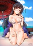  1girl ahoge aquaegg artist_name bangs barefoot beach beach_umbrella bikini black_eyes black_hair blue_kimono blue_sky blush breasts cloud cloudy_sky commentary crotch_seam day girls_und_panzer half-closed_eyes halterneck hand_in_hair hand_on_own_thigh head_tilt highres horizon isuzu_hana japanese_clothes kimono kneeling large_breasts long_hair looking_at_viewer navel ocean off_shoulder oil-paper_umbrella open_clothes open_kimono open_mouth outdoors side-tie_bikini sky smile solo string_bikini swimsuit twitter_username umbrella water wet white_bikini 