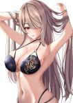  1girl armpits arms_behind_head arms_up bare_shoulders benghuai_xueyuan black_swimsuit breasts cleavage floral_print gold_trim hair_over_one_eye highres honkai_(series) honkai_impact_3rd large_breasts long_hair looking_at_viewer match_(scp115) midriff o-ring o-ring_top red_eyes rita_rossweisse rose_print sideboob simple_background solo stomach swimsuit upper_body very_long_hair white_background yuuki_aoi 