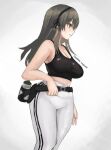  +_+ 1girl breasts closed_mouth eyebrows_visible_through_hair fanbox girls&#039;_frontline green_hair hairband highres large_breasts long_hair looking_away min-tami pants solo sports_bra sportswear standing sweat ump40_(girls&#039;_frontline) white_background white_pants 