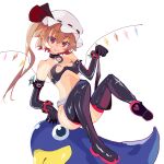  1girl bare_shoulders black_legwear blonde_hair boots bottomless choker cosplay disgaea elbow_gloves etna etna_(cosplay) flandre_scarlet flat_chest full_body gloves hat highres looking_at_viewer makai_senki_disgaea midriff mob_cap navel one_side_up pointy_ears prinny red_eyes simple_background sitting solo standing sum_re1 thigh_boots thighhighs thighhighs_under_boots touhou white_background wings 