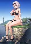 1girl absurdres azur_lane black_swimsuit blush breasts cup eyebrows_visible_through_hair eyewear_on_head giant giantess hanabusaraleigh highres holding holding_cup house large_breasts looking_at_viewer medium_hair navel red_eyes sandals silver_hair simple_background sirius_(azur_lane) sirius_(midsummer_seirios)_(azur_lane) sitting solo swimsuit tree 