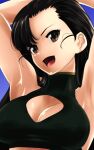  1girl armpits arms_behind_head arms_up asymmetrical_bangs bangs bikini black_bikini black_hair blue_background breasts brown_eyes cleavage_cutout clothing_cutout commentary_request girls_und_panzer halter_top halterneck head_tilt highres large_breasts long_hair looking_at_viewer nishi_kinuyo open_mouth partial_commentary smile solo straight_hair swimsuit upper_body yoyokkun 
