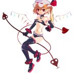  1girl bare_shoulders black_legwear blonde_hair boots choker cosplay disgaea elbow_gloves etna etna_(cosplay) flandre_scarlet flat_chest full_body gloves hat highres laevatein_(touhou) legs_apart looking_at_viewer makai_senki_disgaea midriff mob_cap navel one_side_up pointy_ears red_eyes short_shorts shorts simple_background solo standing sum_re1 thigh_boots thighhighs thighhighs_under_boots touhou white_background wings 
