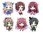  5girls :&gt; akikaze_tsumuji apron asakaze_(kancolle) bangs black_hair blue_bow blue_eyes blush boots bow brown_hair character_name chibi cross-laced_footwear drill_hair eyebrows_visible_through_hair hair_bow hair_ornament hakama hand_on_hip harukaze_(kancolle) hat hatakaze_(kancolle) holding japanese_clothes kamikaze_(kancolle) kantai_collection lace-up_boots light_brown_hair long_hair maid_headdress matsukaze_(kancolle) meiji_schoolgirl_uniform mini_hat mini_top_hat multiple_girls multiple_views official_alternate_costume open_mouth pink_hair ponytail rigging short_hair simple_background top_hat white_apron white_background wide_sleeves yellow_bow 