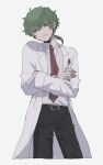  1boy alternate_costume bangs belt closed_mouth collared_shirt crossed_arms green_eyes green_hair head_tilt hiyori_sou kimi_ga_shine labcoat long_sleeves looking_at_viewer necktie ponytail shirt simple_background smile solo uououoon white_background 