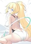  1girl blonde_hair blue_eyes competition_swimsuit fate/grand_order fate_(series) feet_out_of_frame from_behind highres jeanne_d&#039;arc_(fate)_(all) jeanne_d&#039;arc_(swimsuit_archer)_(fate) long_hair looking_at_viewer looking_back miko_(royal_milk) mouth_hold one-piece_swimsuit ponytail sitting solo swimsuit wariza whistle white_swimsuit 