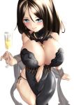  1girl absurdres alcohol bangs black_dress black_hair black_panties blue_eyes blush breasts champagne champagne_flute cleavage closed_mouth clothing_cutout commentary_request commission cosplay cup dress drinking_glass earrings english_commentary girls&#039;_frontline girls_und_panzer halterneck highres holding holding_cup huge_breasts jewelry long_dress long_hair looking_at_viewer mixed-language_commentary navel_cutout neck_ribbon nonna_(girls_und_panzer) panties partial_commentary revealing_clothes ribbon side-tie_panties simple_background skeb_commission smile solo standing stole strapless strapless_dress swept_bangs underwear ura_tomoya vsk-94_(girls&#039;_frontline) vsk-94_(girls&#039;_frontline)_(cosplay) white_background 