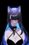  1girl animal_ears artist_name bangs bare_shoulders black_choker black_hair blue_eyes blue_hair blush breasts cat_ears choker cleavage closed_mouth cross-laced_clothes cross-laced_cutout english_commentary highres large_breasts lips long_hair looking_at_viewer multicolored_hair original smile solo standing tofuubear two-tone_hair 