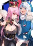  2girls :d animal_hood bangs banned_artist barefoot blue_eyes blue_hair blue_jacket blue_nails breasts cleavage cleavage_cutout clenched_teeth clothing_cutout crown eyebrows_visible_through_hair fingernails fish_tail fur_trim gawr_gura hololive hololive_english hood jacket king_(vocaloid) large_breasts long_hair long_sleeves looking_at_viewer mori_calliope multicolored_hair multiple_girls nail_polish open_mouth pink_hair red_eyes shark_hood shark_tail sharp_teeth simple_background smile tail teeth tetsubuta two-tone_hair upper_teeth virtual_youtuber white_background white_hair 