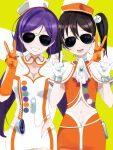  2girls absurdres arm_around_shoulder aviator_sunglasses blush breasts brown_hair cleavage clothing_cutout earbuds earphones gloves highres hip_vent huge_filesize large_breasts long_hair looking_at_viewer love_live! multiple_girls navel_cutout nico_nico_nii proton06 purple_hair side_ponytail smile sunglasses toujou_nozomi twintails white_gloves yazawa_nico yellow_background 