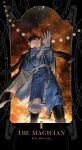  1boy amestris_military_uniform black_eyes black_hair boots card_(medium) character_name coat fire frown fullmetal_alchemist gloves highres holy_pumpkin looking_away male_focus military military_uniform roy_mustang serious short_hair solo standing star_(symbol) tarot uniform 