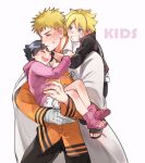  1girl 2boys ahoge arm_around_neck bandaged_hand bandages black_hair black_jacket black_pants blonde_hair blue_eyes boruto:_naruto_next_generations brother_and_sister clenched_teeth closed_eyes coat collared_jacket english_text eyebrows_visible_through_hair facial_mark father_and_daughter father_and_son grin hand_on_another&#039;s_arm happy high_collar holding hood hood_down hoodie hug hug_from_behind jacket layered_skirt light_blush looking_at_another looking_down messy_hair multiple_boys naruto_(series) open_clothes open_coat orange_jacket pants pink_footwear pink_hoodie shoes short_hair siblings simple_background skirt smile spiked_hair teeth toeless_footwear tsurime upper_teeth uzumaki_boruto uzumaki_himawari uzumaki_naruto v-shaped_eyebrows very_short_hair warable white_background white_coat white_skirt 