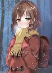  backpack bag bangs blush boku_dake_ga_inai_machi breath brown_eyes brown_hair coat commentary forest highres hinazuki_kayo muyue nature night parted_lips randoseru red_coat red_mittens scarf short_hair sidelocks snowing solo_focus standing toggles upper_body yellow_neckwear yellow_scarf 