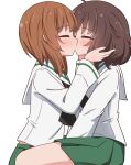  2girls akiyama_yukari bangs black_neckwear blouse blush brown_hair closed_eyes commentary eyebrows_visible_through_hair from_side girls_und_panzer green_skirt hands_on_another&#039;s_face highres kiss long_sleeves messy_hair miniskirt miruzawa_akechi multiple_girls neckerchief nishizumi_miho ooarai_school_uniform pleated_skirt sailor_collar school_uniform serafuku short_hair simple_background sitting skirt white_background white_blouse white_sailor_collar yuri 