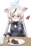  1girl animal_ears blue_archive blush breasts brown_eyes carrot commentary_request curry curry_rice fal food glass_bottle grey_hair jacket kokona_(blue_archive) looking_at_viewer pout rice simple_background sleeveless small_breasts solo table white_background 