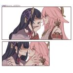  2girls bare_shoulders blush closed_mouth commentary english_commentary eye_contact eyebrows_visible_through_hair genshin_impact heart highres instagram_logo kaoruchihiro looking_at_another mole mole_under_eye multiple_girls nail_polish parted_lips pink_hair pink_nails purple_eyes purple_hair purple_nails tongue tongue_out twitter_logo twitter_username yae_(genshin_impact) yuri 