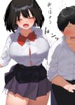  1boy 1girl :d ^_^ black_hair black_pants black_skirt blush bouncing_breasts bow bowtie breasts button_gap buttons closed_eyes collarbone commentary_request faceless faceless_male kaisen_chuui large_breasts open_mouth original pants red_neckwear shirt short_hair simple_background skirt smile translation_request white_background white_shirt 