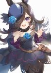  1girl animal_ears black_hair black_legwear dagger elise_(piclic) flower gothic_lolita hair_over_one_eye highres horse_ears horse_girl knife lolita_fashion long_hair open_mouth purple_eyes rice_shower_(umamusume) rose sheath sheathed simple_background solo thighhighs umamusume waving weapon white_background 