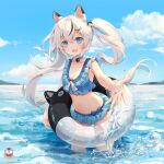  1girl animal_ears bikini bikini_skirt blue_bikini blue_eyes blue_swimsuit blush commentary dog dog_ears dog_hair_ornament dog_tail hair_ornament hasuki_aoi indie_virtual_youtuber innertube kamui_(kamuikaoru) long_hair looking_at_viewer mixed-language_commentary multicolored_hair ocean reaching_out solo streaked_hair swimsuit tail virtual_youtuber wading white_hair x_hair_ornament 