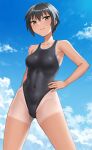  1girl black_eyes black_hair black_swimsuit blue_sky breasts cloud collarbone commentary_request competition_swimsuit covered_navel hand_on_hip hashi highleg highleg_swimsuit looking_at_viewer medium_breasts one-piece_swimsuit original short_hair sky solo swimsuit tan tanlines tomboy 