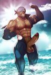  1boy abs absurdres archie_(pokemon) bara bare_pectorals beard biceps blue_bodysuit bodysuit brown_hair dark-skinned_male dark_skin erection eros_(erosdoesadraw) facial_hair feet_out_of_frame flexing highres huge_filesize huge_penis large_pectorals long_sleeves male_focus mature_male muscular muscular_male mustache navel nipples open_bodysuit partially_submerged pectorals penis pokemon pokemon_(game) pokemon_oras pose short_hair single_bare_shoulder solo stomach sun sunlight sunparent: thick_thighs thighs torn_bodysuit torn_clothes uncensored water wet wetsuit 