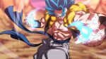  1boy abs baggy_pants blue_eyes blue_hair blue_sash closed_mouth dragon_ball dragon_ball_super dragon_ball_super_broly energy_ball gogeta male_focus metamoran_vest pants pectorals rom_(20) sash smile smug solo spiked_hair super_saiyan super_saiyan_blue white_pants 