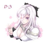  1girl black_bow bow breasts cleavage drag-on_dragoon drag-on_dragoon_3 flower flower_over_eye fur_trim hair_bow hair_ornament hairpin highres long_hair parted_lips red_eyes ribbon simple_background solo upper_body white_background white_hair wizwit zero_(drag-on_dragoon) 