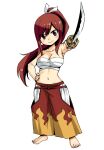  1girl bare_shoulders barefoot breasts brown_eyes chibi commentary_request erza_scarlet eyes_visible_through_hair fairy_tail full_body hair_between_eyes hand_on_hip holding holding_sword holding_weapon katana large_breasts long_hair looking_at_viewer mashima_hiro midriff navel ponytail red_hair sarashi simple_background sleeveless smile solo standing sword weapon white_background 