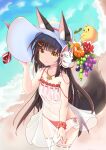  1girl :t absurdres adjusting_clothes adjusting_headwear animal_ears azur_lane bangs bare_shoulders beach bird black_hair blunt_bangs blurry chick collarbone commentary_request covered_navel date_shichuan_majiang depth_of_field eyebrows_visible_through_hair flower food fox_ears fox_girl fox_mask fox_tail from_above fruit grapes hair_ornament hairclip hat hat_flower hat_ornament highres jewelry long_hair looking_at_viewer looking_up manjuu_(azur_lane) mask mask_on_head nagato_(great_fox&#039;s_sleepwear)_(azur_lane) nagato_(kancolle) necklace ocean panties pout red_panties ribbon-trimmed_legwear ribbon_trim scrunchie see-through side-tie_panties sidelocks spaghetti_strap sun_hat tail underwear white_legwear wrist_scrunchie yellow_eyes 