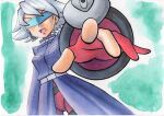  1girl bangs belt belt_buckle buckle coat earrings gloves green_background grey_belt grey_hair highres j_(pokemon) jewelry lipstick makeup microphone oka_mochi open_mouth outstretched_arm partially_fingerless_gloves pink_lips pokemon pokemon_(anime) pokemon_dppt_(anime) purple_coat red_gloves solo tongue traditional_media visor 