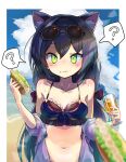  1girl ? animal_ears bangs bare_shoulders beach bikini bikini_top blush bongnom border bow breasts cloud cloudy_sky collarbone commentary day drink eating eyebrows_behind_hair eyewear_on_head food food_on_face green_eyes hair_bow hands_up highres holding holding_drink holding_food jacket karyl_(princess_connect!) long_hair looking_at_viewer medium_breasts multicolored_hair navel outdoors pov princess_connect! purple_bikini purple_hair purple_jacket red_bow short_sleeves sidelocks sky solo spoken_question_mark streaked_hair sunglasses swimsuit twintails upper_body white_border 
